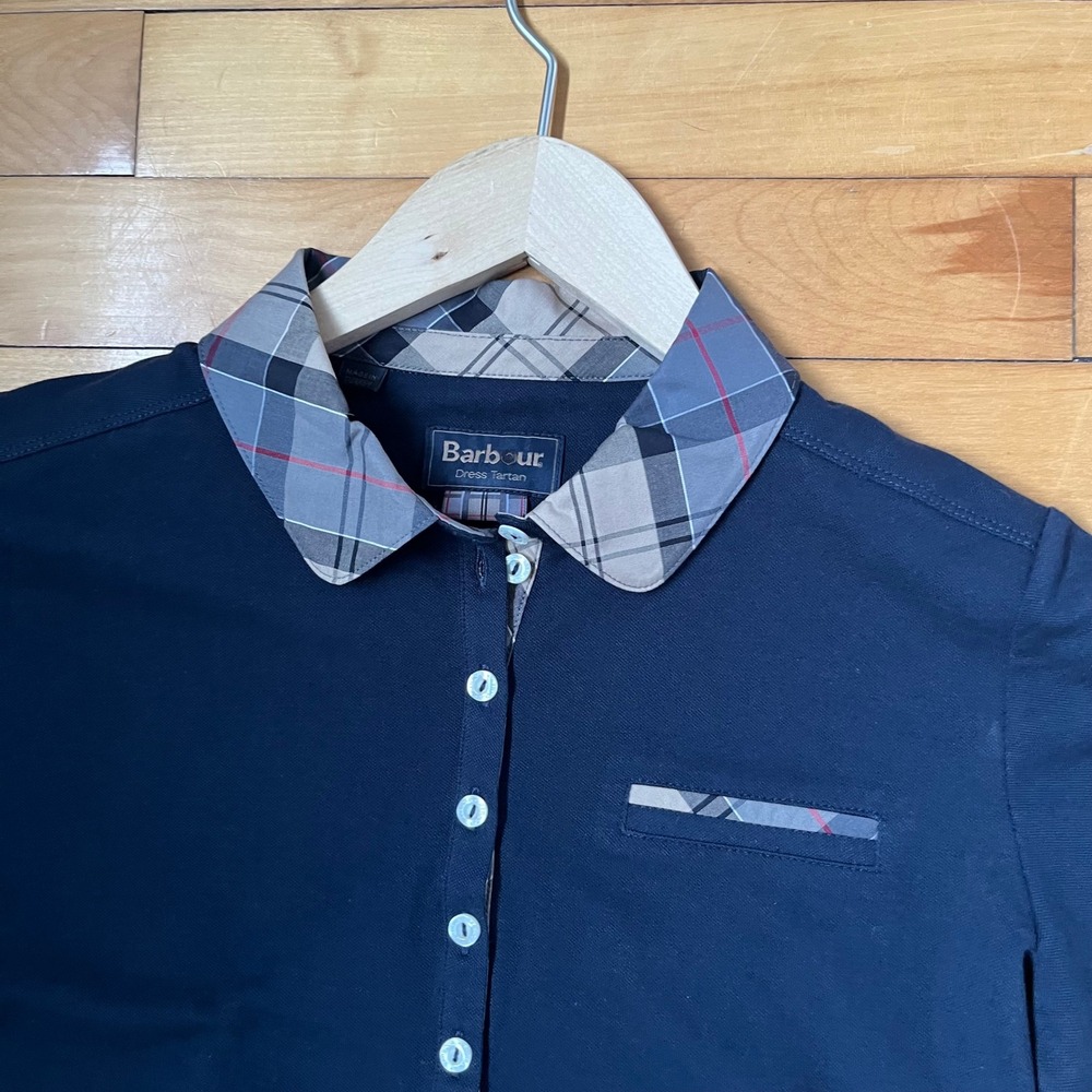 Barbour Womens Navy Blue Dress Tartan Trim Pique Polo Shirt Short Sleeve - Picture 2 of 7